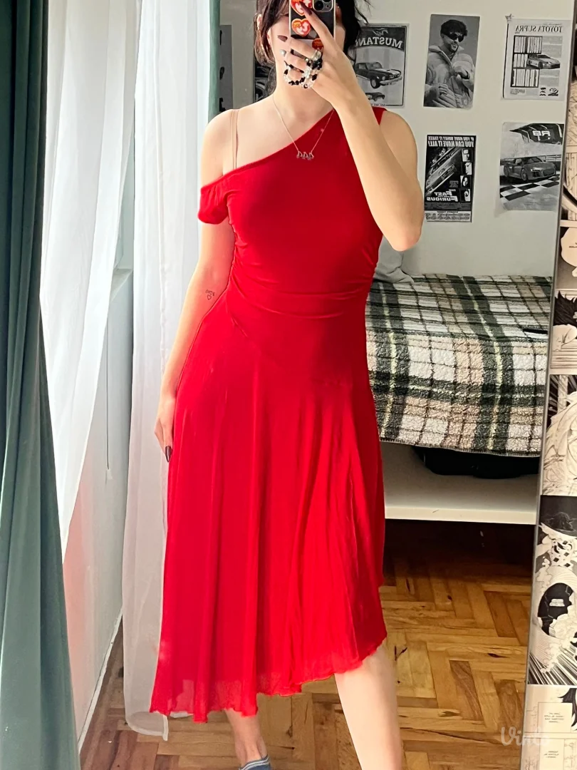 Shein asimetrična jarko crvena haljina, L, NOVO