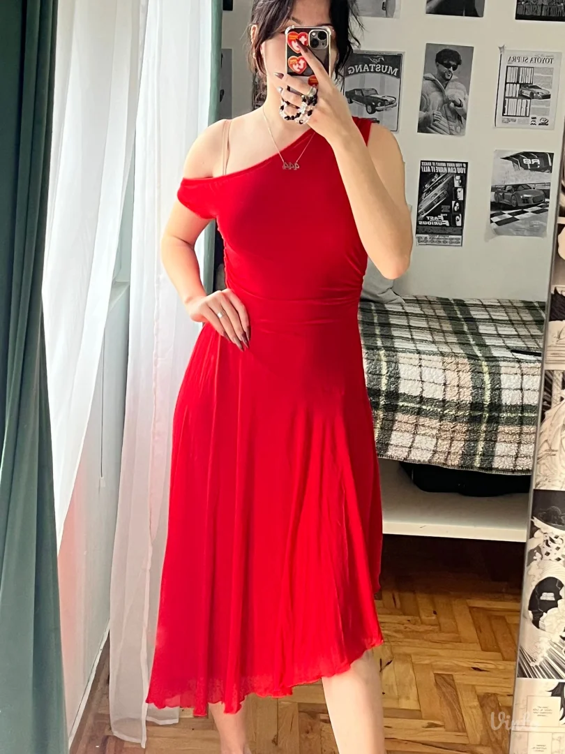 Shein asimetrična jarko crvena haljina, L, NOVO