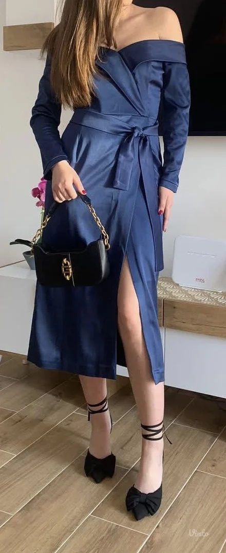 Satenska kraljevsko plava haljina sivena po meri