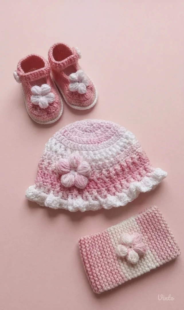 Komplet za bebu (kapica, patikice, traka) – ručni rad