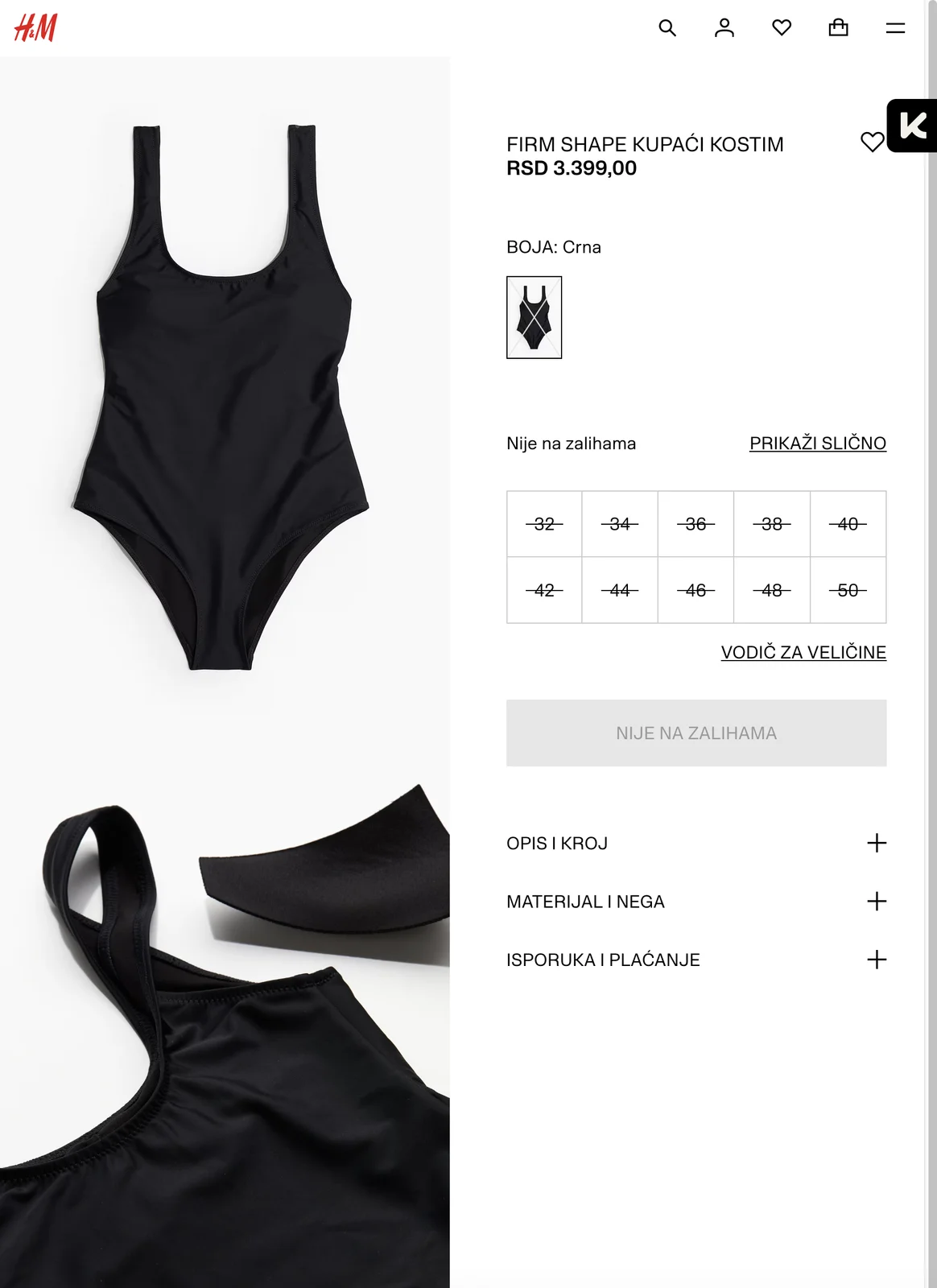 H&M Firm Shape crni kupaći kostim | L