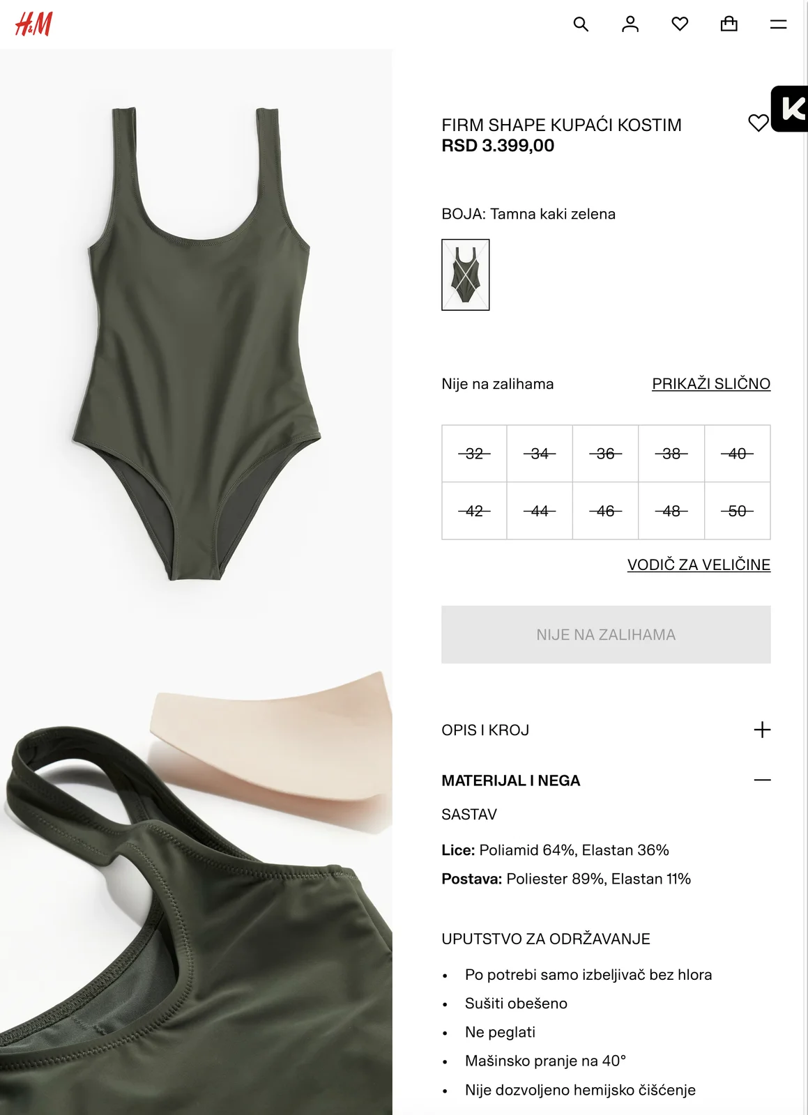H&M Firm Shape maslinasti kupaći kostim | L