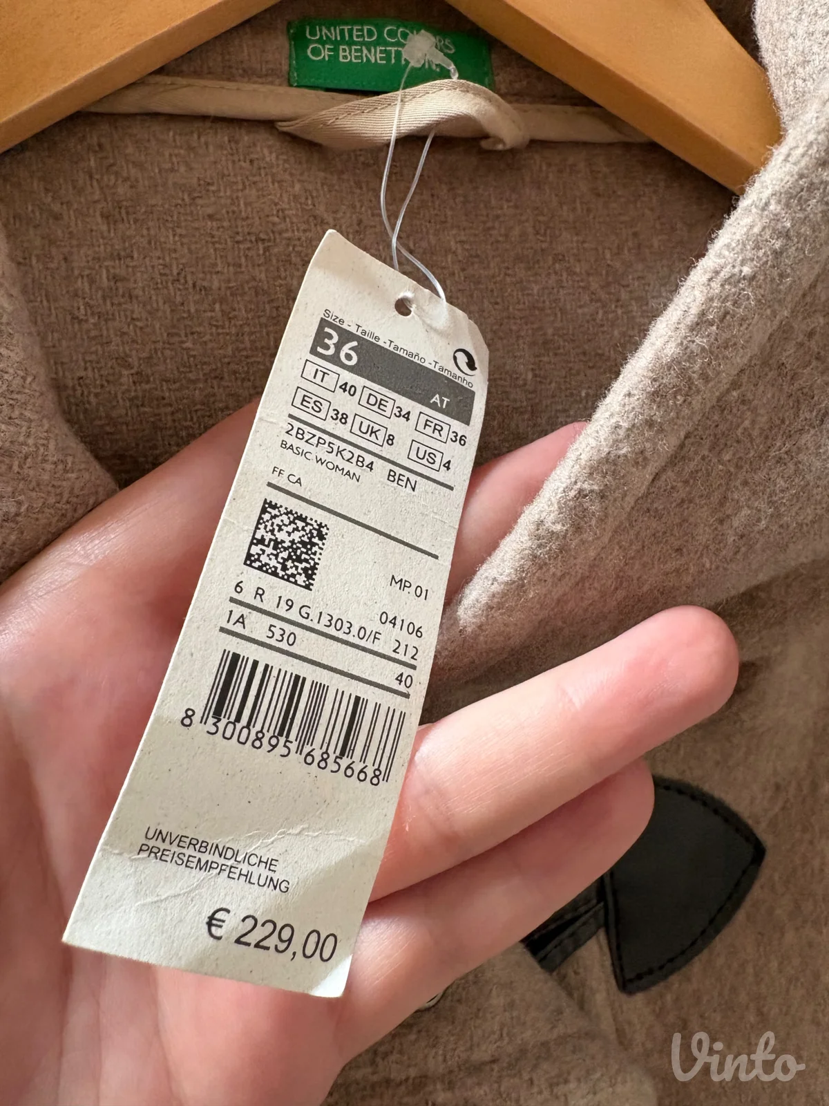 Novi BENETTON ženski kaput / duffel kaput (bež / kamilja boja) — Veličina 36 (S)