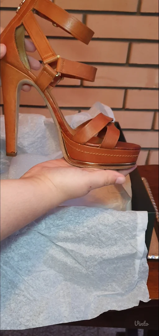 Braon kožne platform sandale sa kaiševima