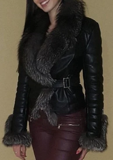 Crna kozna jakna sa pravim krznom