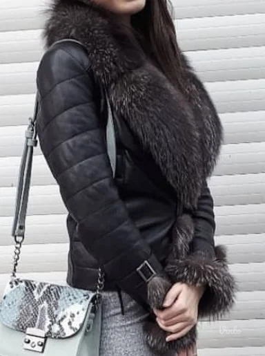 Crna kozna jakna sa pravim krznom