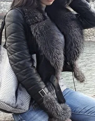 Crna kozna jakna sa pravim krznom