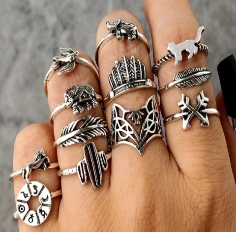 Boho set prstenja sa motivima životinja 12 kom | Tibetansko srebro | NOVO