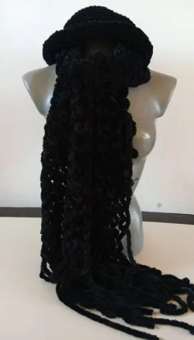 Vintage crni plišani komplet ŠAL (230cm) + ŠEŠIR (90s / Chenille)