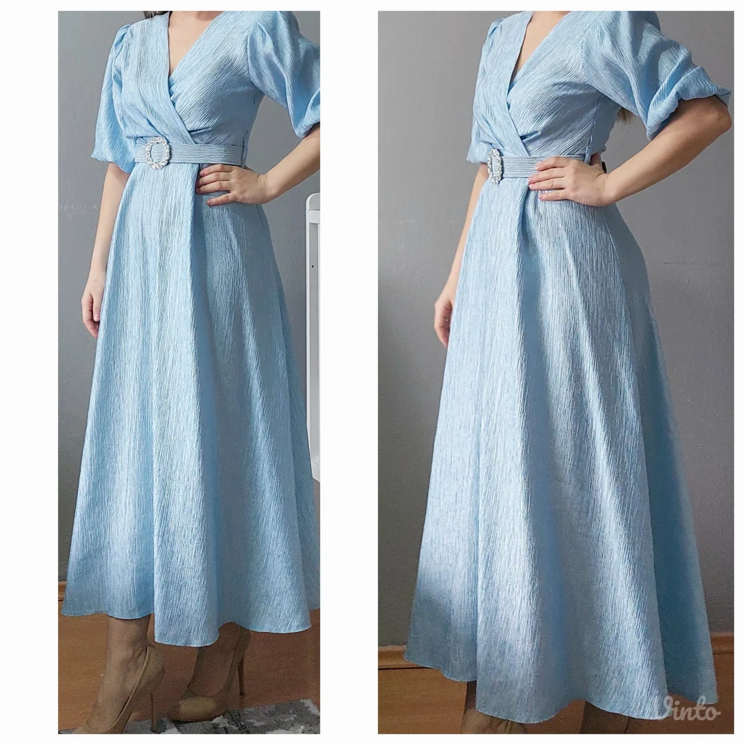 Plava midi svecana haljina S - elegantna, damska