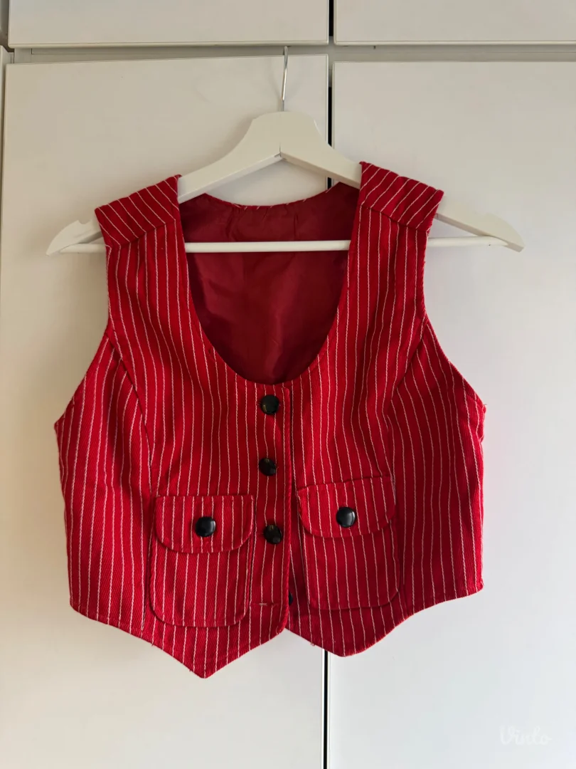 UNIKAT Ručno Šiven Prsluk - Crveni na Pruge - Vel. S