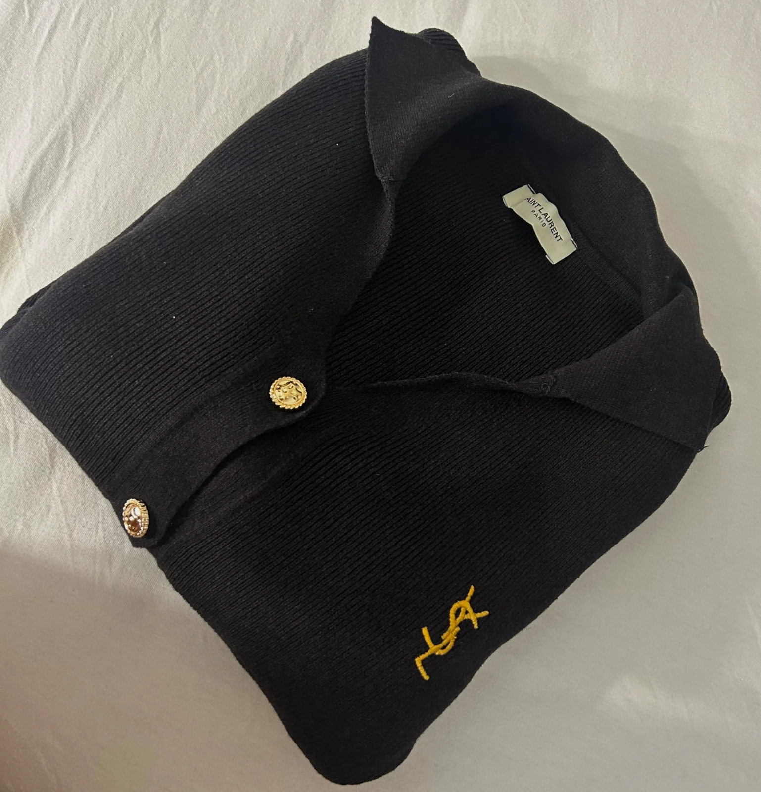 Saint Laurent (YSL) crni rebrasti kardigan sa zlatnim detaljima