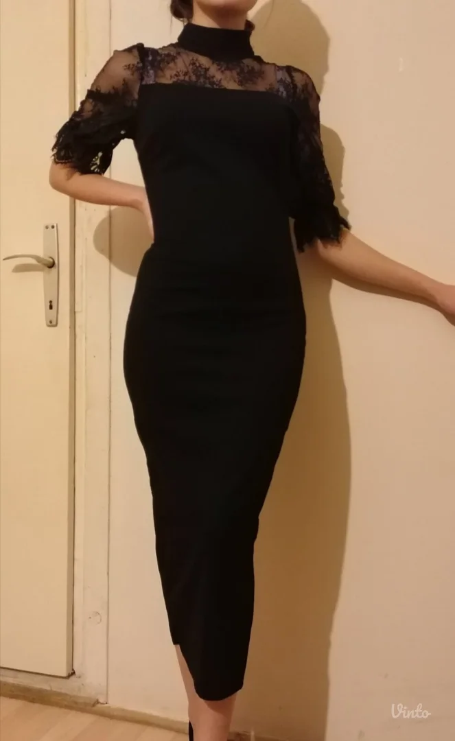 Crna midi haljina sa cipkom