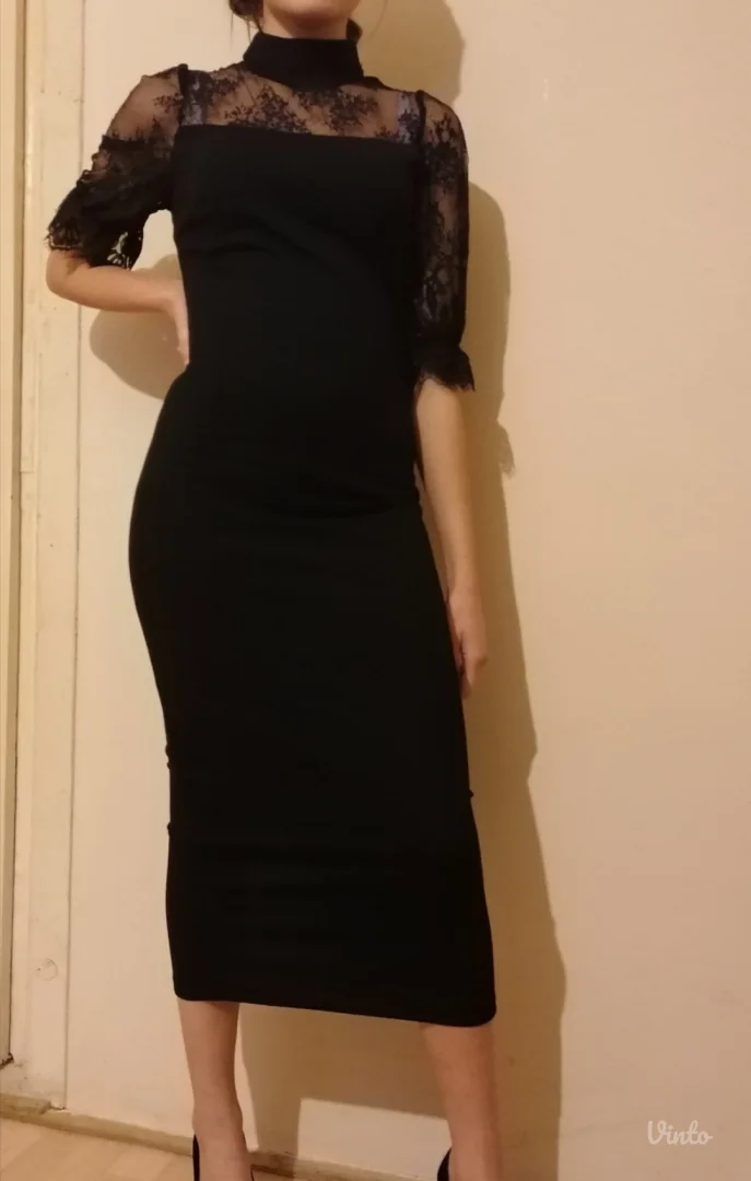 Crna midi haljina sa cipkom