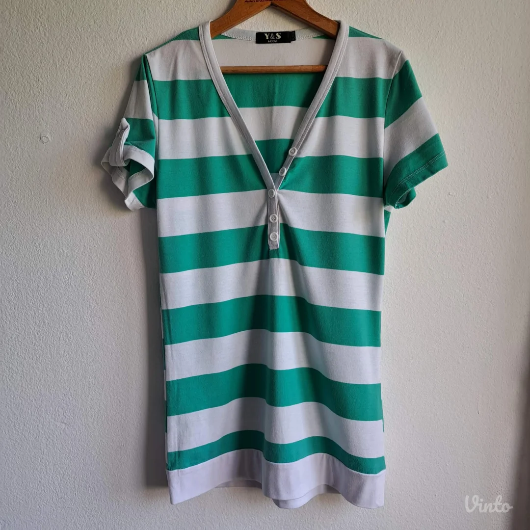 Majica zeleno-bele pruge, V izrez, Y&S Moda, M/L, odlično stanje
