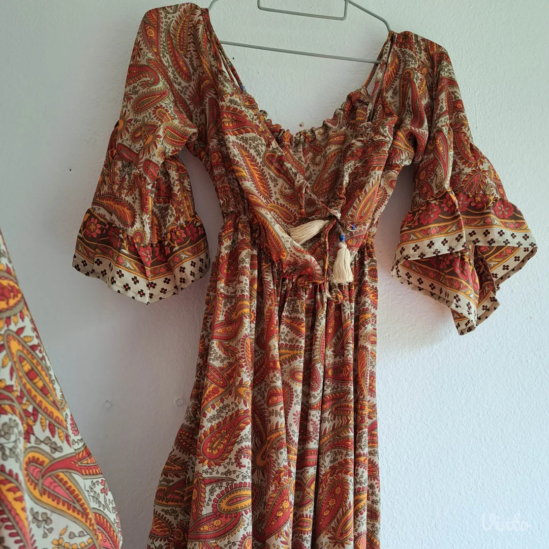 Boho maxi haljina paisley print, svila+viskoza, M/L — odlično stanje