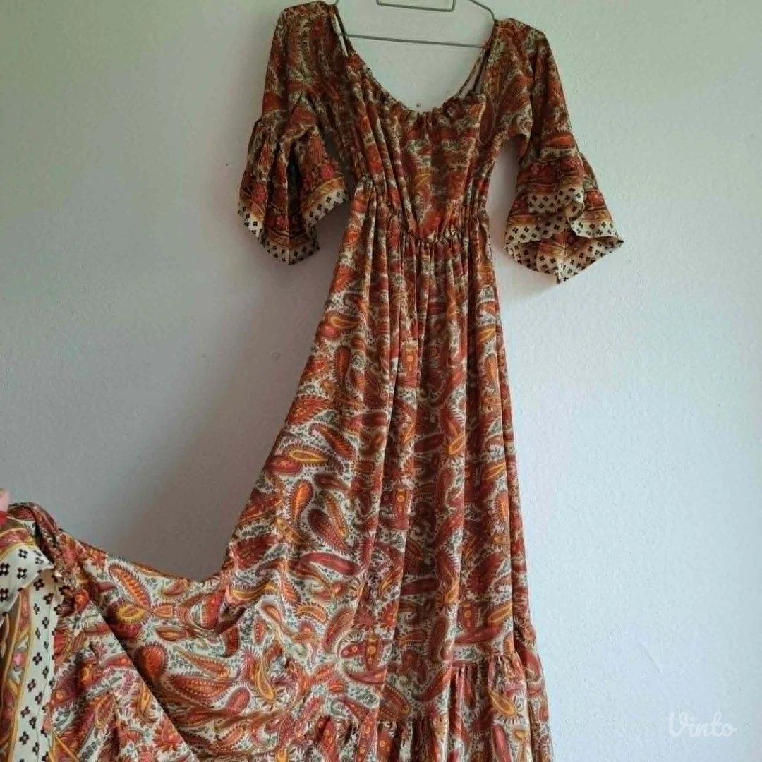 Boho maxi haljina paisley print, svila+viskoza, M/L — odlično stanje