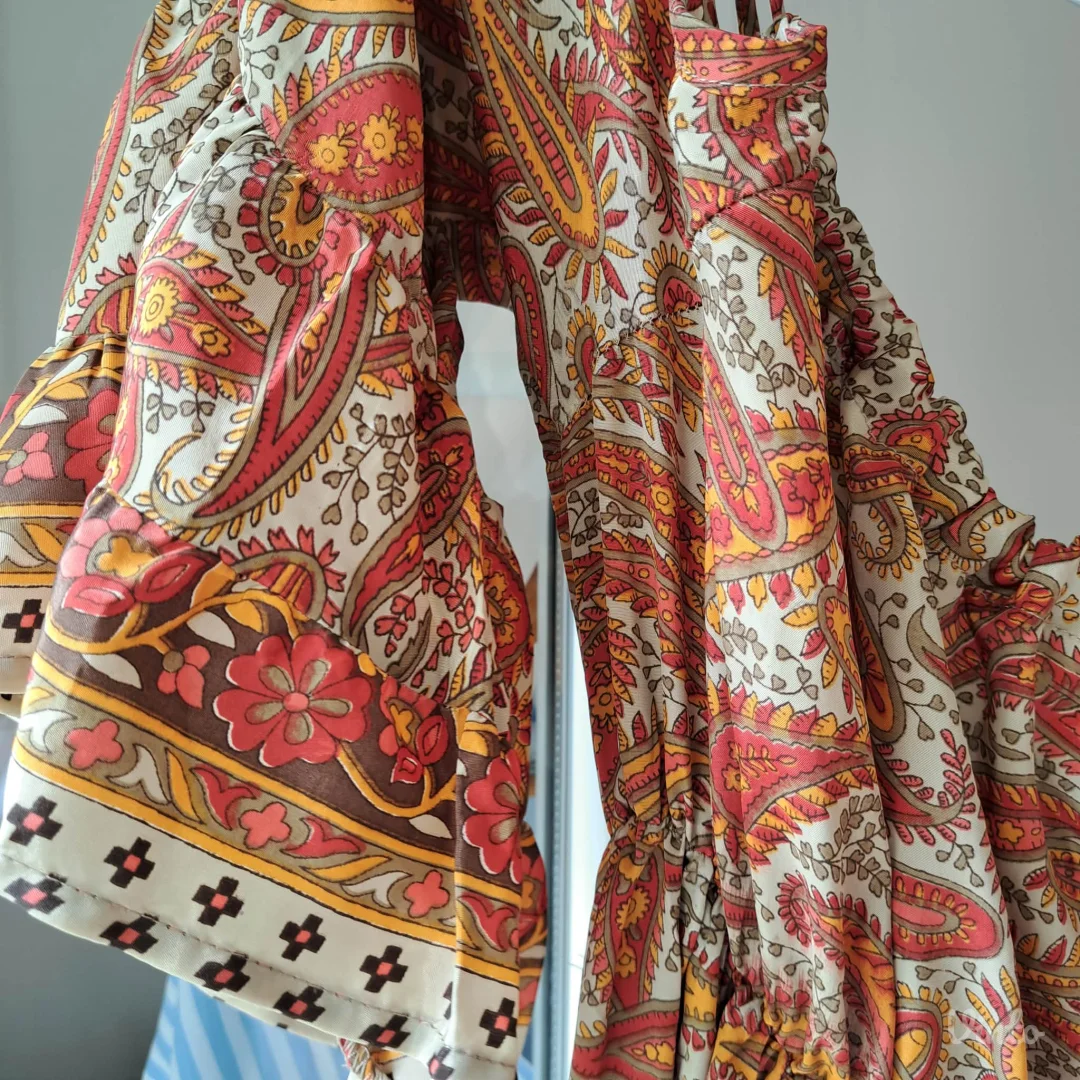 Boho maxi haljina paisley print, svila+viskoza, M/L — odlično stanje
