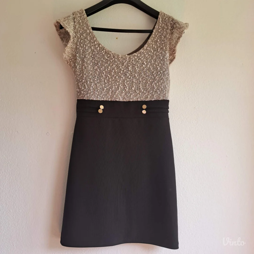 Elegantna haljina buklé+crna, zlatni detalji, M — odlično stanje