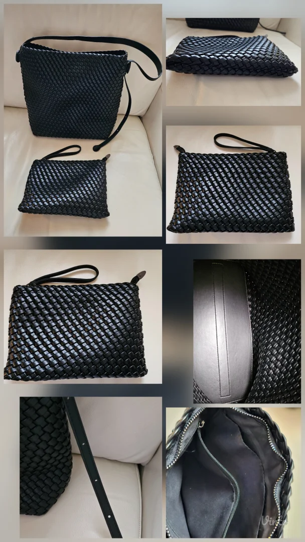 Kožna pletena bucket bag sa neseserom, hobo