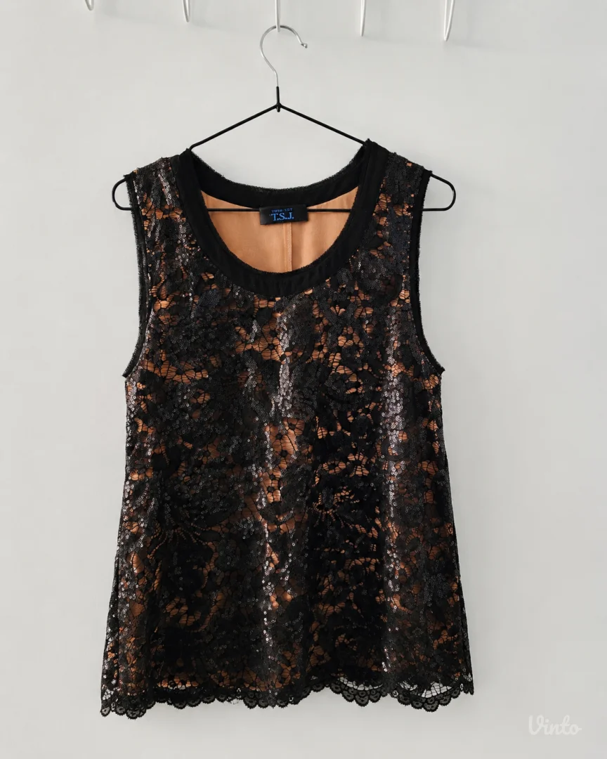 Twin-Set T.S.J. crni čipkani top sa šljokicama