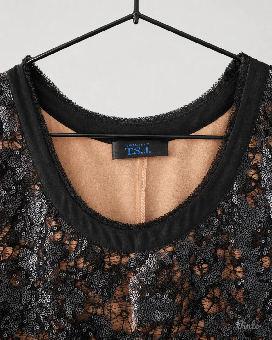 Twin-Set T.S.J. crni čipkani top sa šljokicama