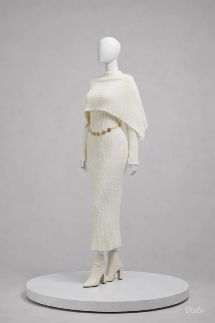 Beli pleteni komplet haljina dugih rukava i kardigan