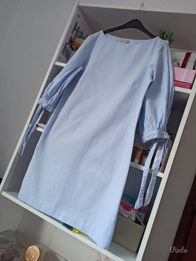 H&M plava bela prugasta haljina sa 3-4 rukavima