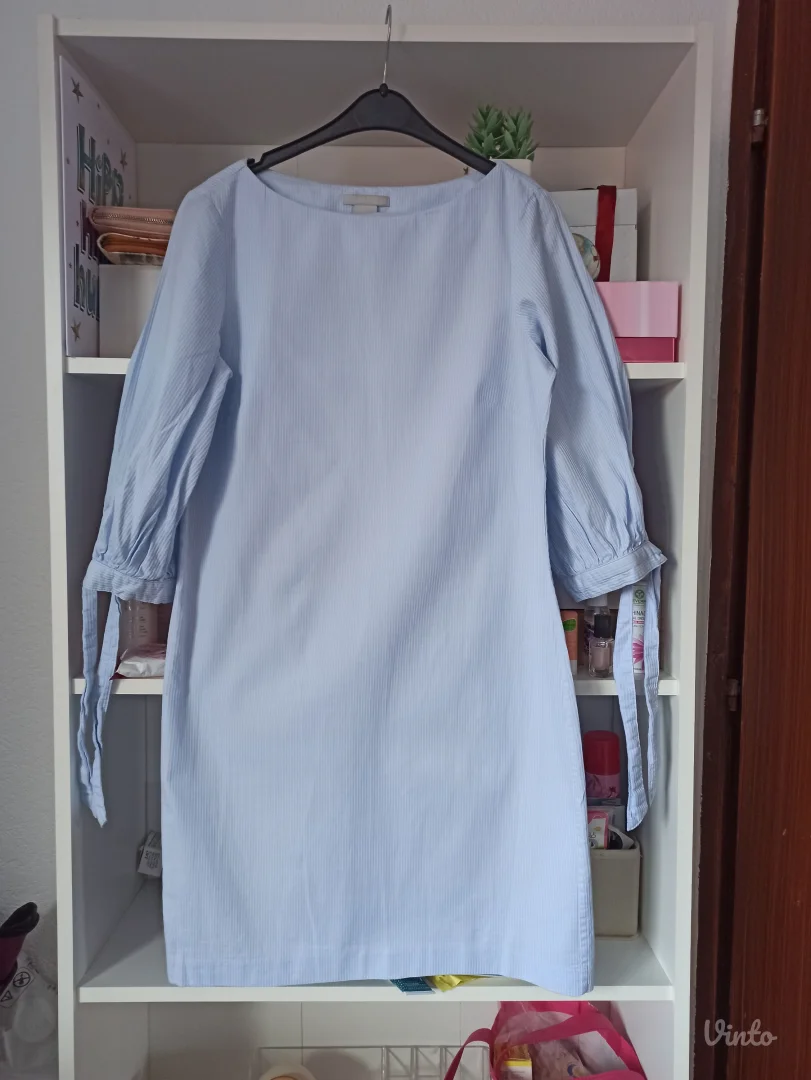 H&M plava bela prugasta haljina sa 3-4 rukavima