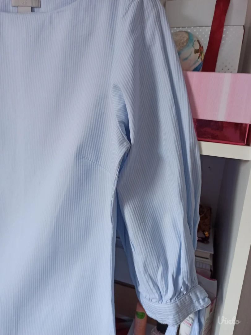 H&M plava bela prugasta haljina sa 3-4 rukavima