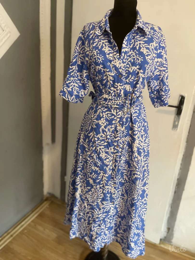 ZARA Plava -haljina sa belim printom, kaiš,