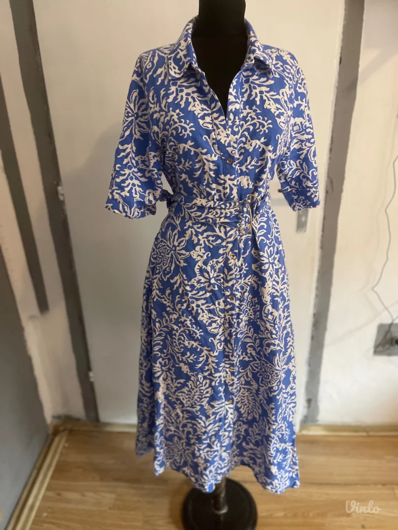 ZARA Plava -haljina sa belim printom, kaiš,