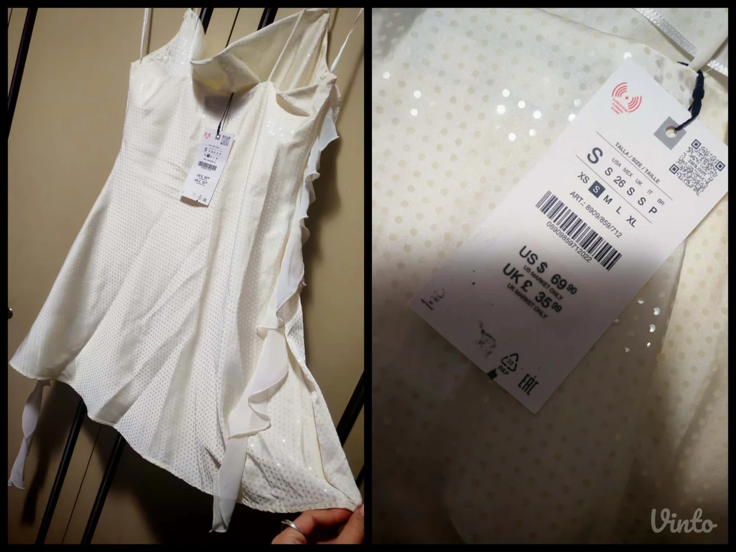 Zara bela ruffle haljina sa strasom s, slabiji M