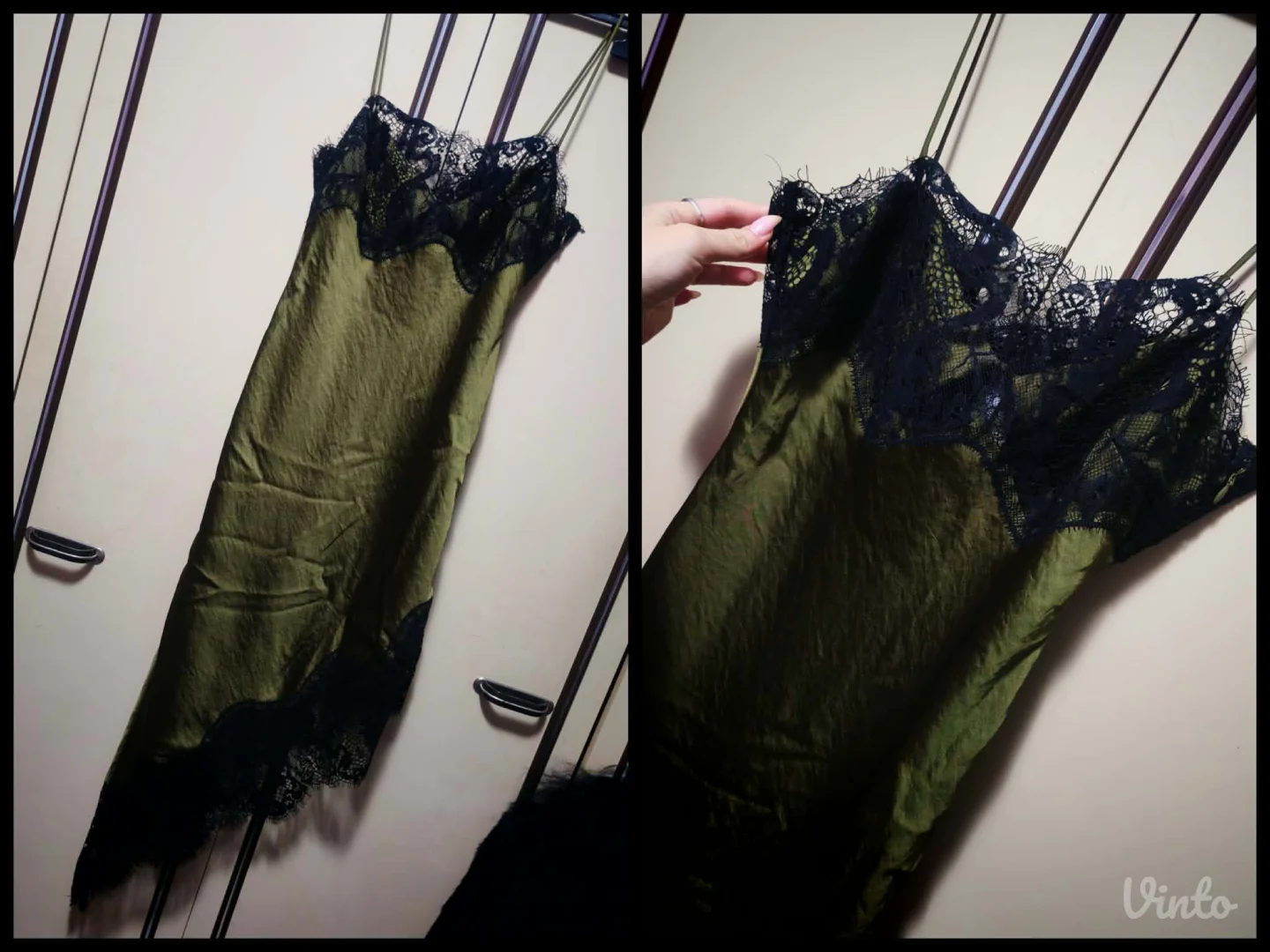 Zara asimetricna svilena maslinasta haljina sa cipkom s, slabiji M