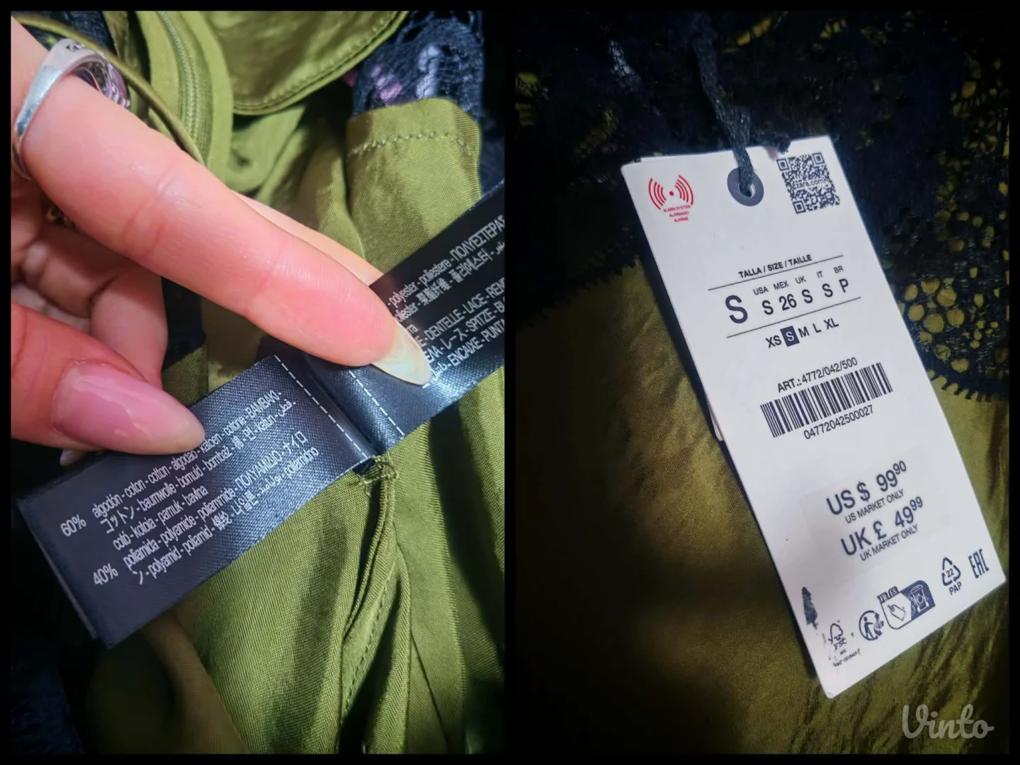 Zara asimetricna svilena maslinasta haljina sa cipkom s, slabiji M