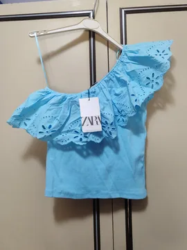 Zara plavi crop top puff, s