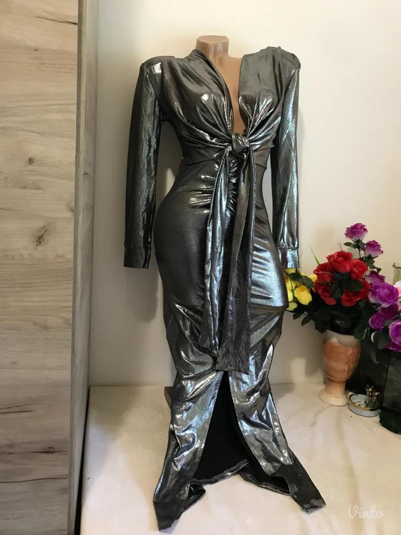 Nova Desing srebrna haljina sa vezivanjem S/M