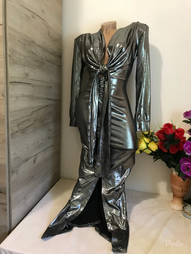 Nova Desing srebrna haljina sa vezivanjem S/M