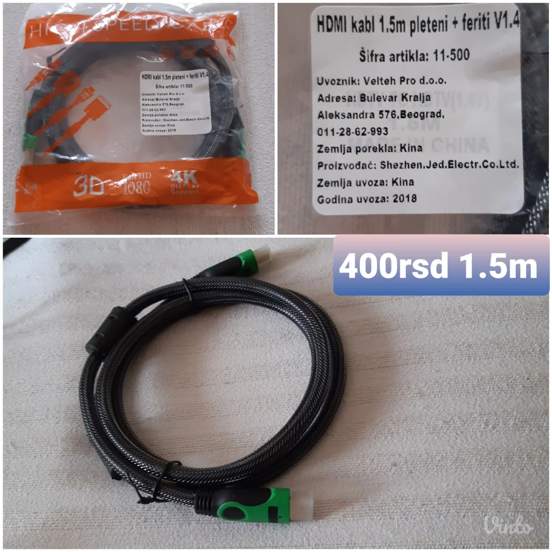 HDMI kabl 1.5 m, verzija 1.4, pleteni sa feritnim filtrima.