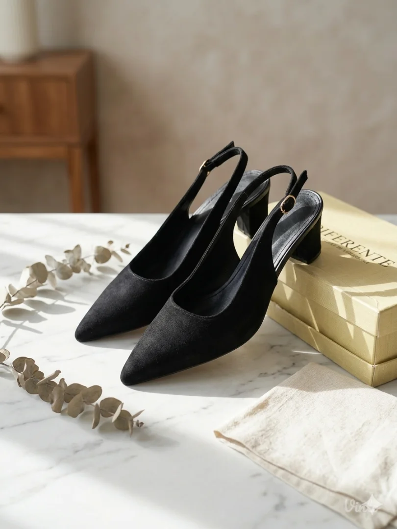 Crne slingback cipele (prevrnuta koža) – Kao nove!