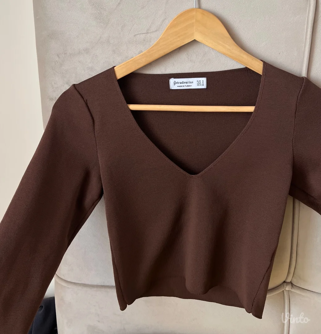 Stredivarius braon majica - dug rukav - crop top