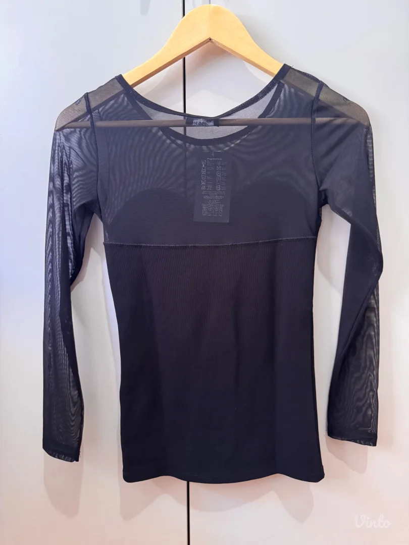 NOVO Crna elegantna majica sa mrežastim rukavima – S