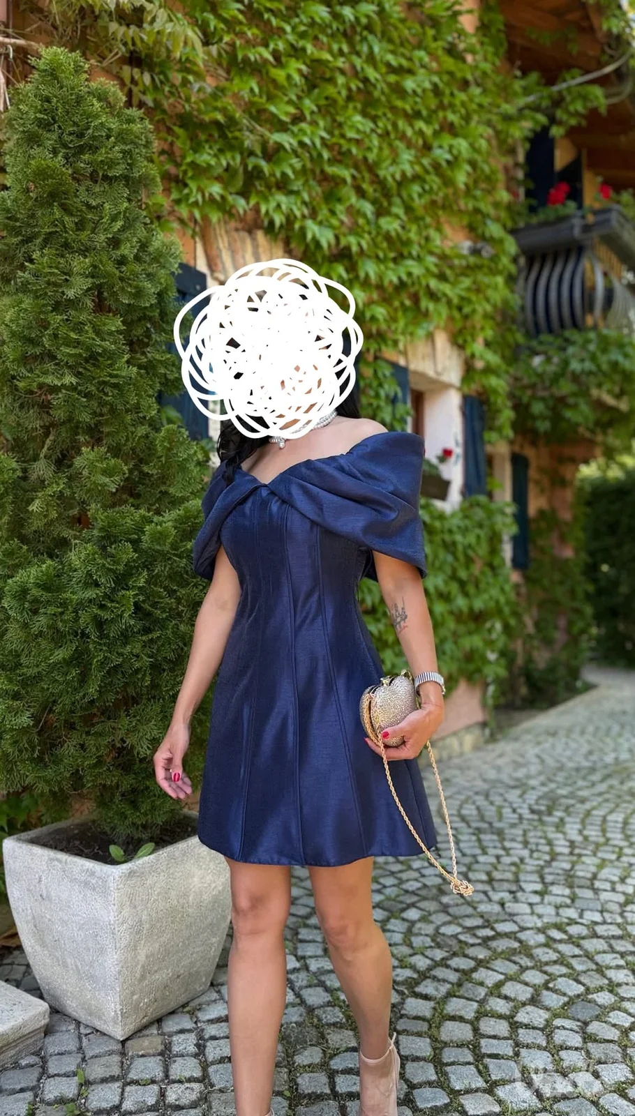 Elegantna haljina – tamnoplava, off shoulder, svečana