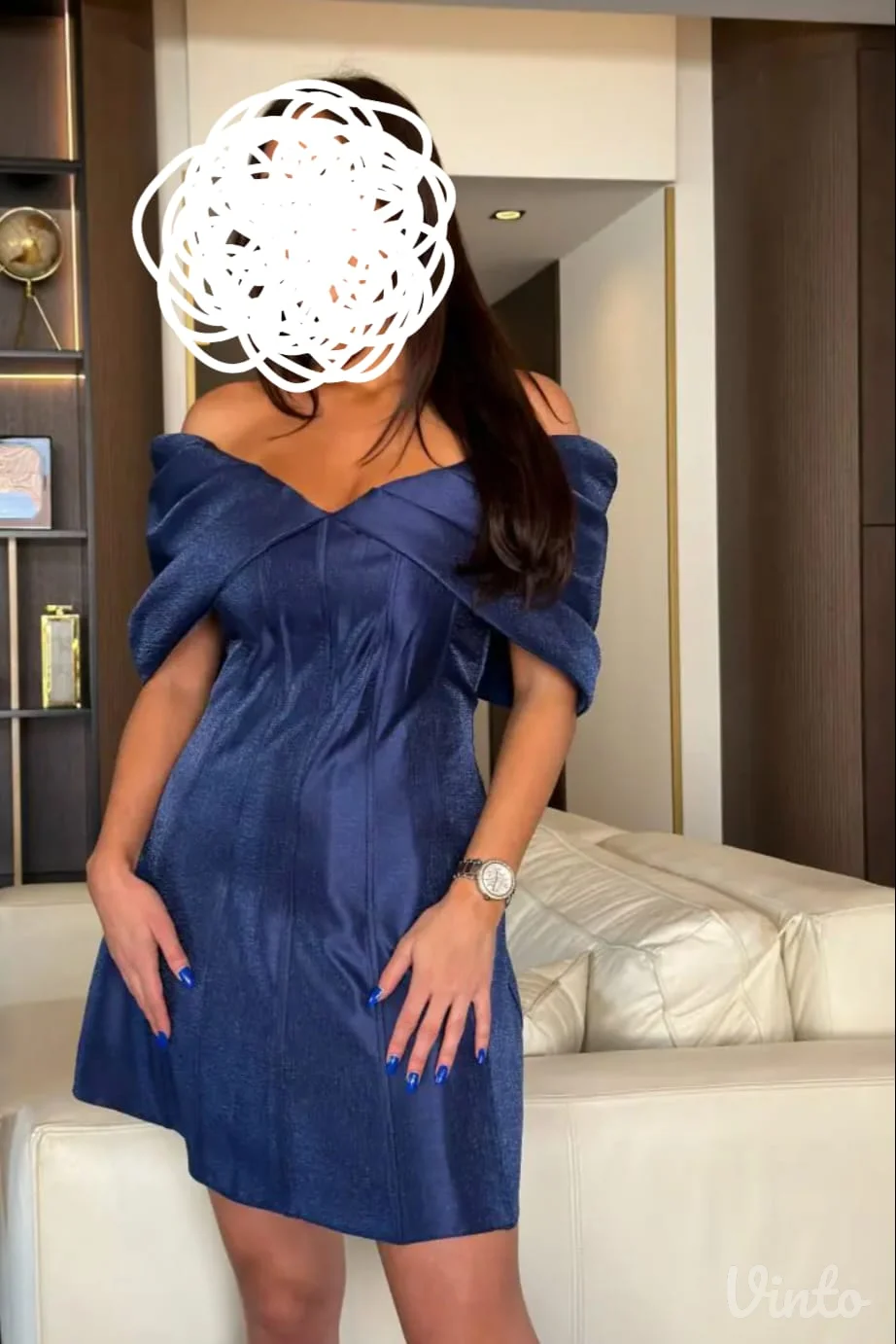 Elegantna haljina – tamnoplava, off shoulder, svečana