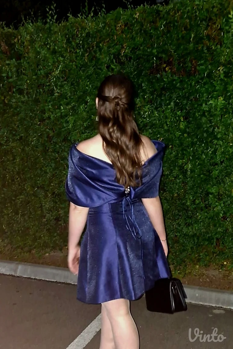 Elegantna haljina – tamnoplava, off shoulder, svečana