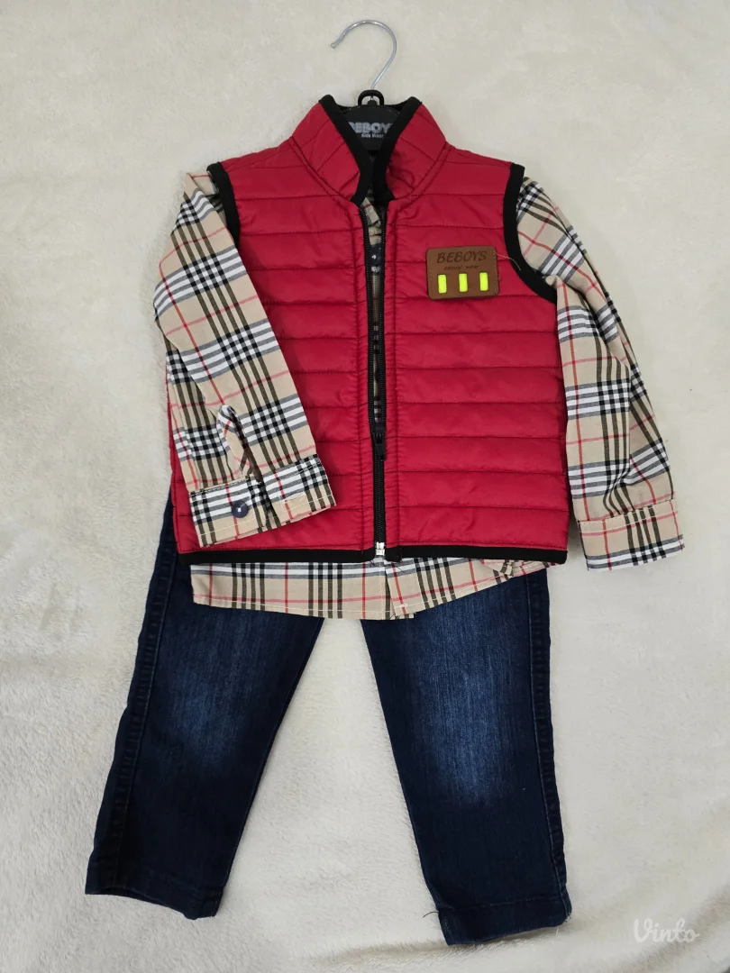 Komplet za dečaka – košulja, prsluk i farmerke – veličina 80 (1 godina)