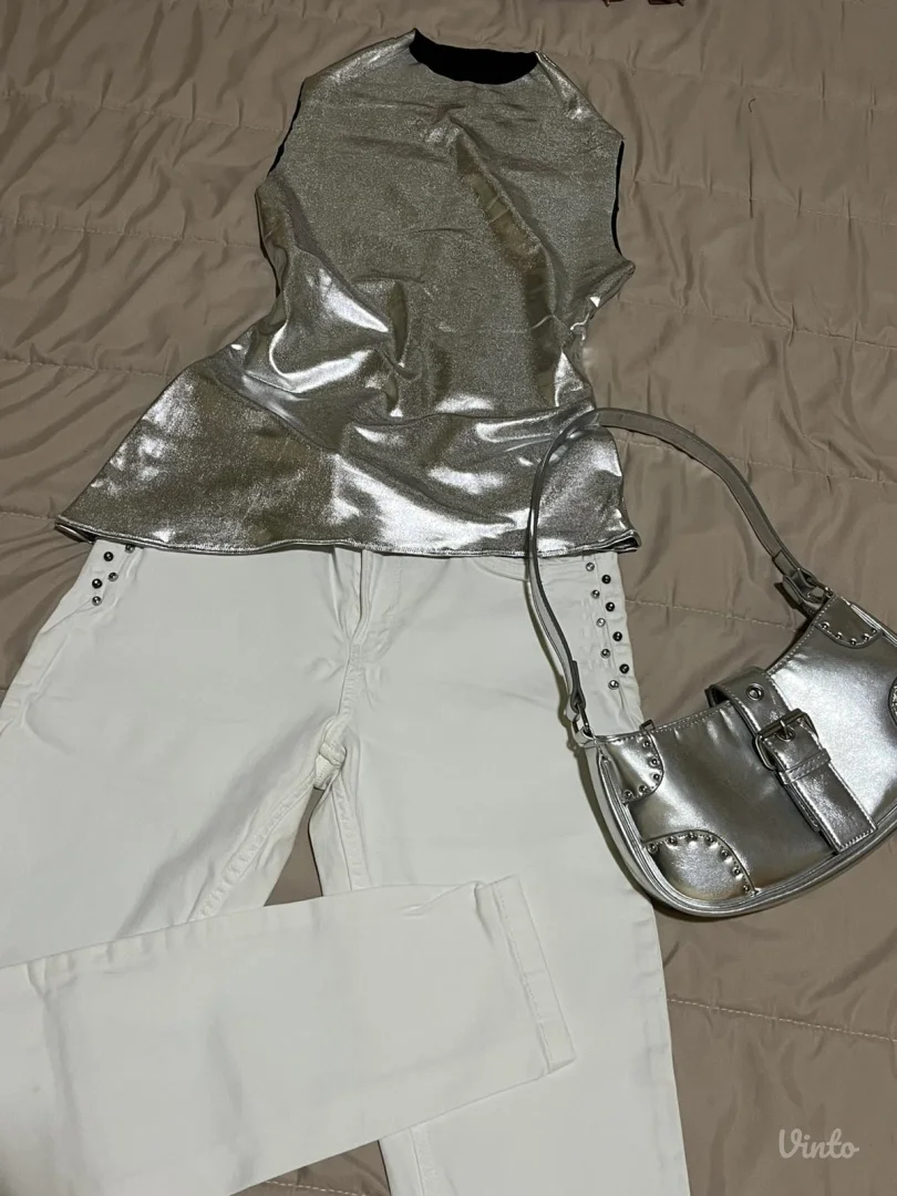 KOMPLET srebrni- majica, farmerice, torbica