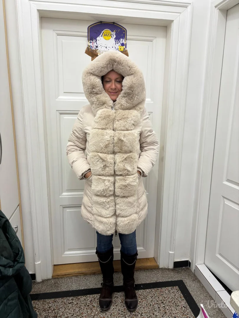 ✨ NOVO! Puf Jakna sa Pojasom i Luksuznim Krznom - Krem/Bež (Realna vel. M/L)