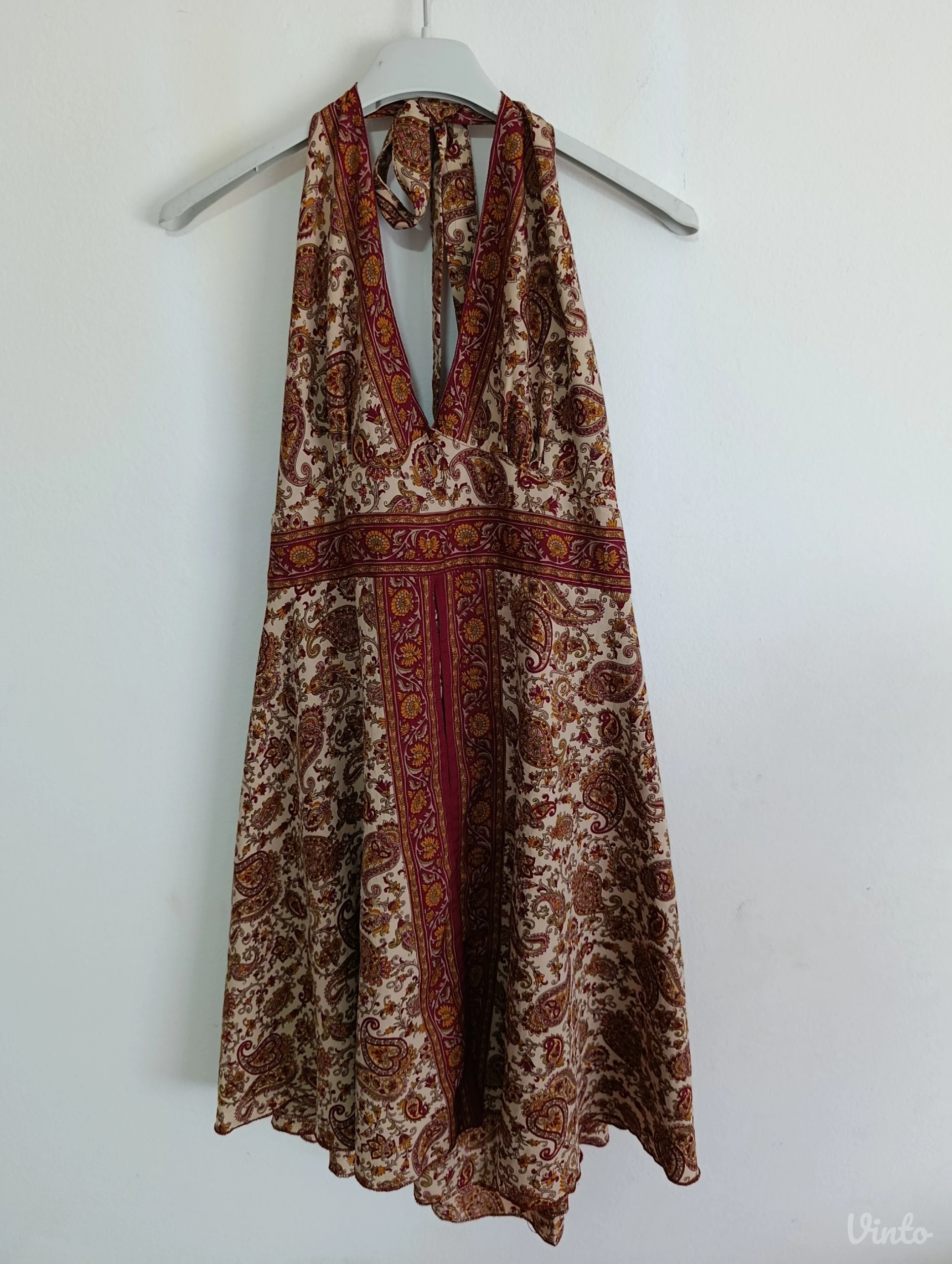 Lepršava boho haljina od PRIRODNE SVILE (M) - Halter izrez
