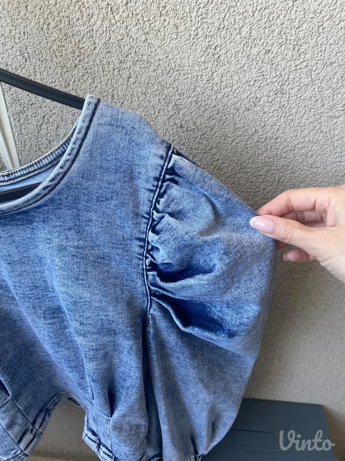 Kratka teksas bluza sa puf rukavima, S